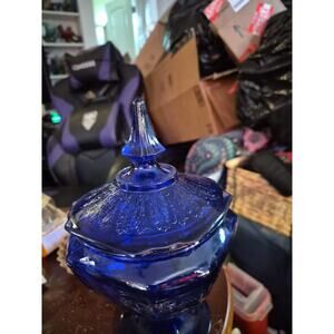 Vintage Anchor Hocking Princess Pattern Colbalt Blue Glass Candy Dish With...